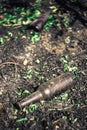 Glass beer bottle lies on the scorched ground Royalty Free Stock Photo