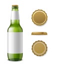 Glass beer bottle mockup. Realistic 3d drink packaging, alcohol green bottle with labels and different angles metal cap