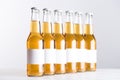 Glass beer bottles with blank white labels isolated on grey.