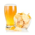 Glass Beer and bowl of with Pile potato chips Royalty Free Stock Photo