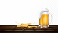 Glass of beer on brown old wooden table with transparent background. Vector illustration design