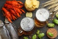 Glass beer with crawfish, dried fish and hop cones on dark wooden background. Beer brewery concept. Beer background. top view