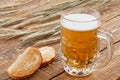 Glass of beer with ears of barley and bread on a wooden background Royalty Free Stock Photo