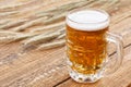Glass of beer with ears of barley on a wooden background Royalty Free Stock Photo