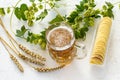 Glass of beer with ears of barley on a wooden background Royalty Free Stock Photo