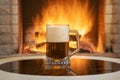 A glass of Beer with foam near cozy fireplace burning background