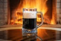 A glass of Beer with foam near cozy fireplace burning background