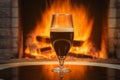 A glass of Beer with foam near cozy fireplace burning background