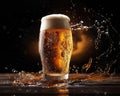 glass of beer with foam and splashes of water on a dark background.