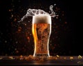 glass of beer with foam and splashes of water on a dark background.