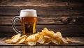 A glass of beer with a foamy head and a pile of potato chips Royalty Free Stock Photo