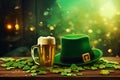 Wooden pub table with a glass of beer, a green leprechaun hat, and clover leaves, St. Patricks Day Royalty Free Stock Photo