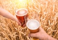 A glass of beer in a hand in a wheat field Royalty Free Stock Photo