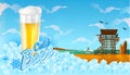 Glass of beer in ice cubes with miami beach landscape with blue sky