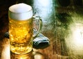 Glass beer mug with golden ale or draft