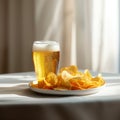 A glass of beer is next to a plate of chips Royalty Free Stock Photo