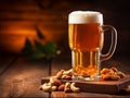glass of beer with nuts on a wooden table
