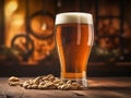 glass of beer with nuts on a wooden table