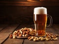 glass of beer with nuts on a wooden table