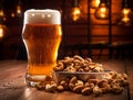 glass of beer with nuts on a wooden table