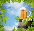 Glass of beer on old barrel and hops border Royalty Free Stock Photo