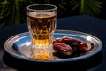 A glass of beer paired with some dates on a plate, offering a refreshing drink and a healthy snack option in one, Glass of water