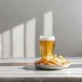A glass of beer and a plate of chips sit on a table Royalty Free Stock Photo