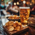 A glass of beer and a plate of chips sit on a wooden table Royalty Free Stock Photo