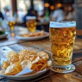 A glass of beer and a plate of chips sit on a wooden table Royalty Free Stock Photo