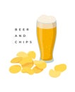 Glass of Beer and Potato Chips pile vector illustration in flat design isolated on white background. Royalty Free Stock Photo