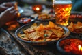 A glass of beer and potato chips in a plate on the table. Suitable for beer festival, pub, restaurant Royalty Free Stock Photo