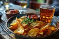 A glass of beer and potato chips in a plate on the table. Suitable for beer festival, pub, restaurant Royalty Free Stock Photo