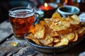 A glass of beer and potato chips in a plate on the table. Suitable for beer festival, pub, restaurant Royalty Free Stock Photo