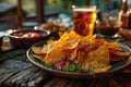 A glass of beer and potato chips in a plate on the table. Suitable for beer festival, pub, restaurant Royalty Free Stock Photo