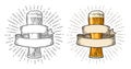 Glass beer with ribbon. Vector engraving color vintage