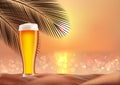 Glass of beer on sand, on beach, sunset summer Royalty Free Stock Photo