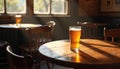 Glass of beer sits on wooden table in dimly lit pub. Sunlight streams through windows, casting shadows on empty chairs and rustic Royalty Free Stock Photo