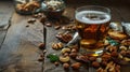 Glass of beer is on table with nuts and crackers Royalty Free Stock Photo