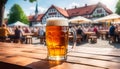 A glass of beer at a traditional beer festival with copy space