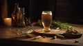 Glass of beer and wheat ears on a wooden table. Dark background. Royalty Free Stock Photo