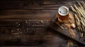 Glass of beer and wheat ears on a wooden table. Dark background. Royalty Free Stock Photo