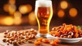 Glass of beer on wooden table background. Jamon and coated crunchy peanuts, great snack. Generative AI