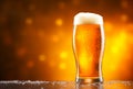 Glass of beer on wooden table. Blurred background with space for text, copyspace, banner
