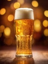 Glass of beer on a wooden table with bokeh lights in the background Royalty Free Stock Photo