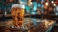 A glass of beer on a wooden table in front of blurry lights, AI Royalty Free Stock Photo