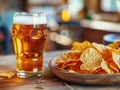 A glass of beer is on a wooden table next to a plate of chips Royalty Free Stock Photo