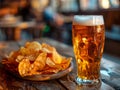 A glass of beer is on a wooden table next to a plate of chips Royalty Free Stock Photo