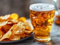 A glass of beer is on a wooden table next to a plate of chips Royalty Free Stock Photo
