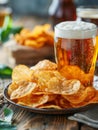 A glass of beer is on a wooden table next to a plate of chips Royalty Free Stock Photo