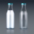 Glass beverage bottles empty and with milk. Dairy product packaging vector mockup